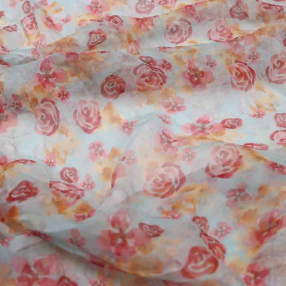 Graceful Rose Flower Printed Breathable 100% Natural Silk Crinkle Chiffon Fabric for Amazing Lady Spring Lovely Dress Clothes