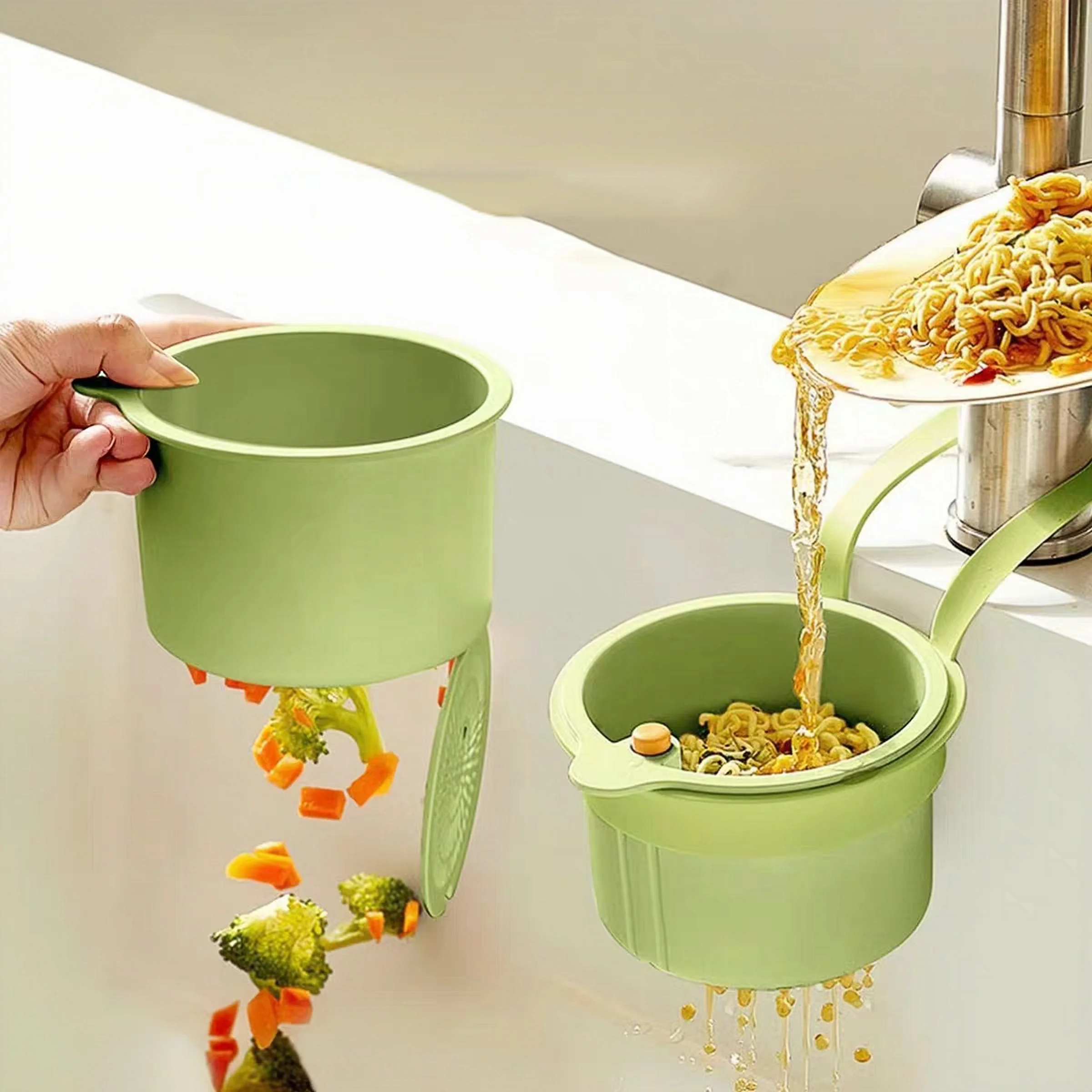 Multifunctional Drain Basket, Anti-Leakage Filter Basket, Household Accessory, 2-in-1 Sink Filter Basket with Push-Open Lever, Adjustable Faucet Strap and Detachable Anti-Clog High-Efficiency Drainage Hands-Free Kitchen Sink Strainer Storage Basket