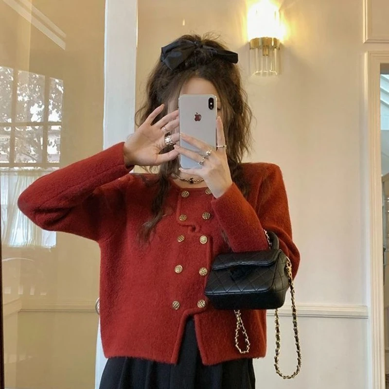 French Style Irregular Knitted Cardigan Women 2025 Spring Autumn Fashion New Double Breasted Chic Elegant Long Sleeve Outerwear