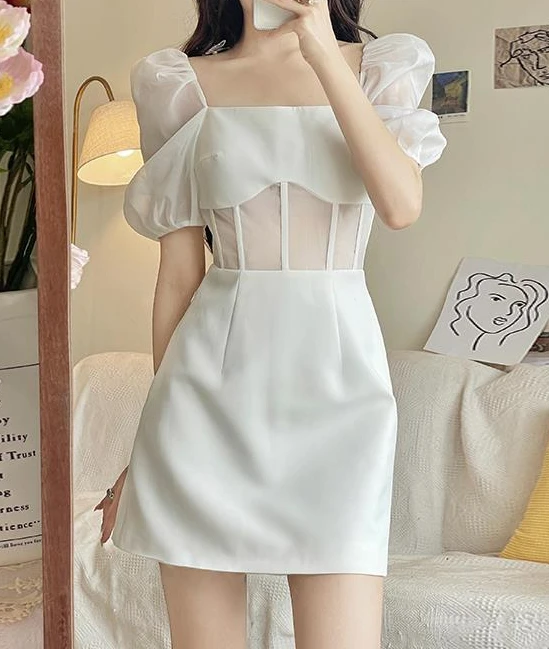 

2025 Summer New Style White Dress Bubble Sleeves Square Neck Fishbone Mesh A-line Skirt