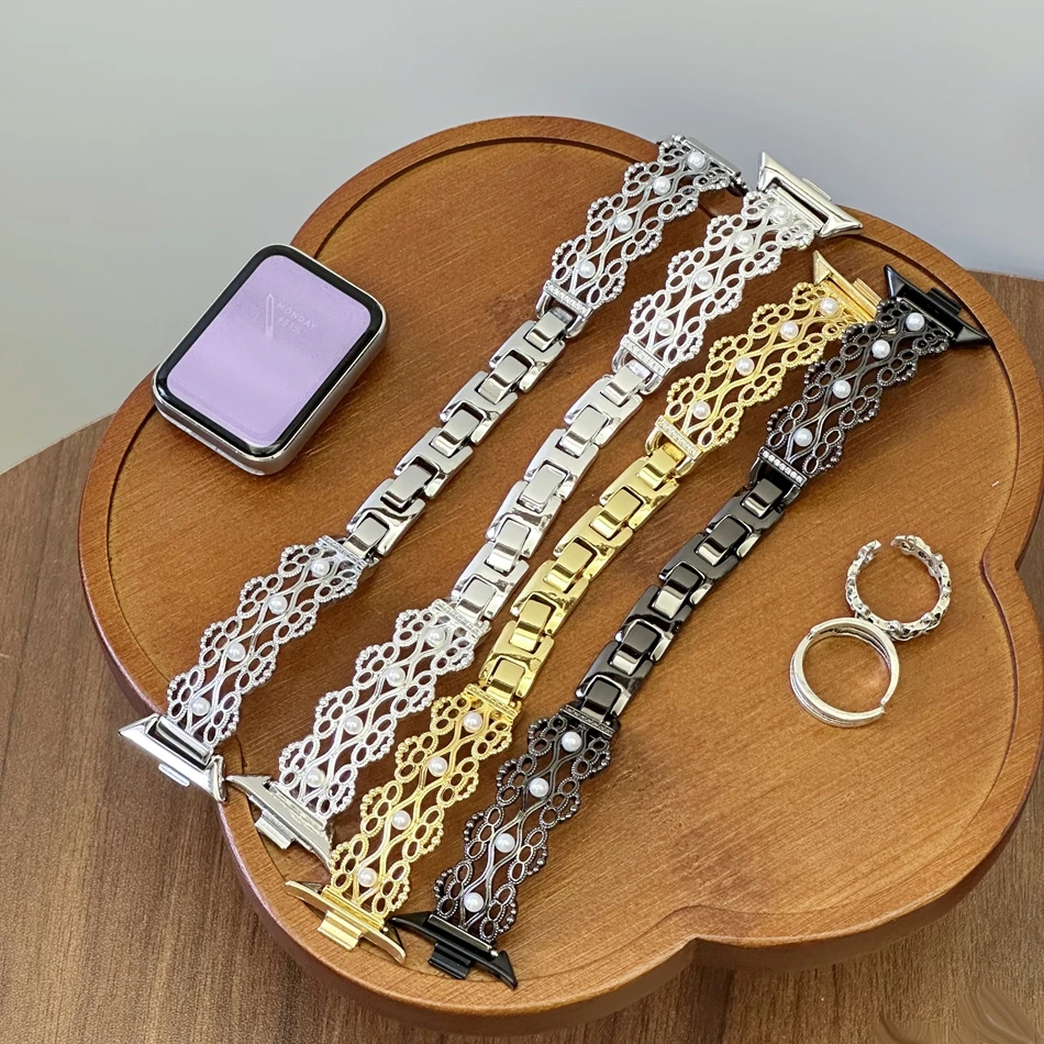 حزام لشاومي Mi Band 10 9 8 Pro حزام الساعات لـ Miband 8Pro 9 Pro موضة الجوف الدانتيل اللؤلؤ سوار المرأة النحاس معصمه #6