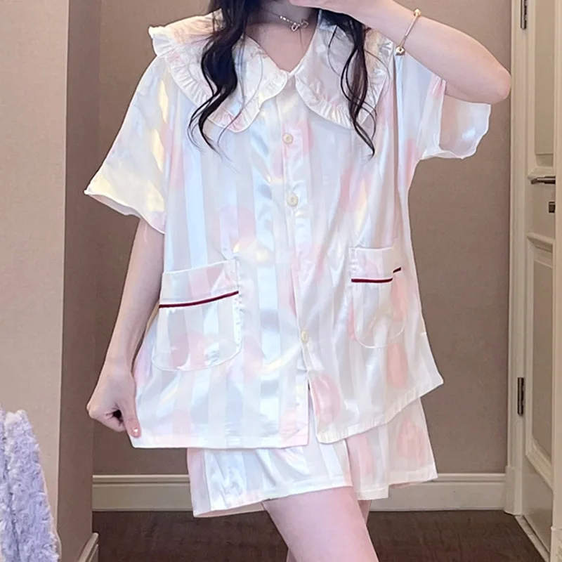 Princess Style Loungewear Sweet Ruffle Collar Shirt & shorts 2Pcs pigiama Suit donna Rayon Home Clothes pigiama Pour Femme