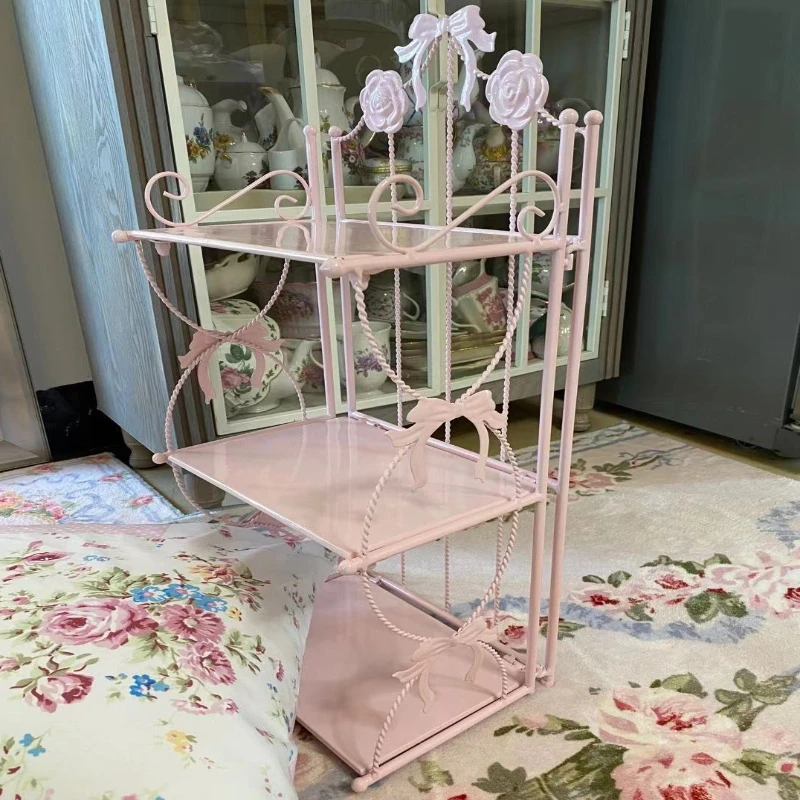 Pink Iron Desktop Organizer Multi-Tiered Cosmetic Storage Shelf Freestanding Display Rack for Bedroom Spacious Metal Bookshelf