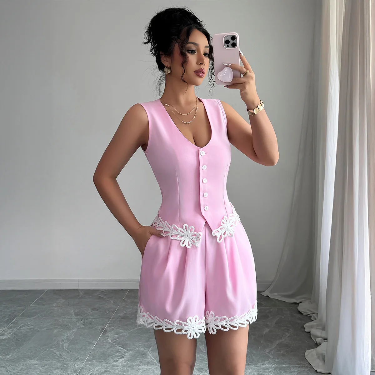 

Women Pant Set Two Piece Sets Sexy V Neck Sleeveless Tops Short Pants High Waist Y2k Streetwear Elegant Splice Work 2025