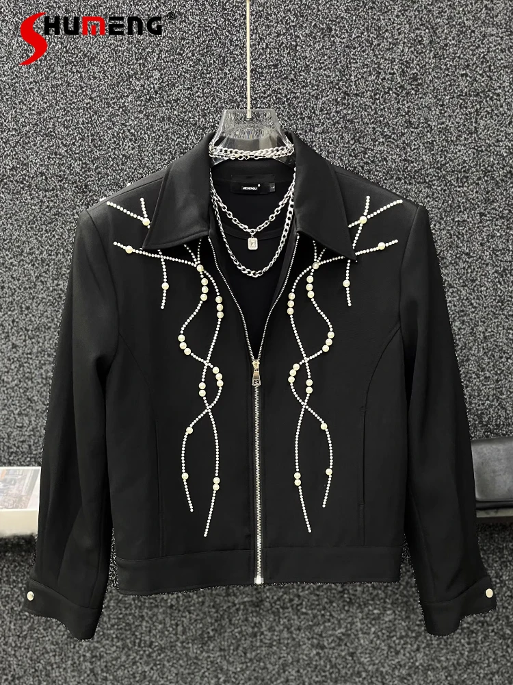 

High-End Pearl Chic Jacket Men 2025 Autumn New Fashion Versatile Coats Masculinity Loose Padded Shoulder Lapel Long Sleeve Tops