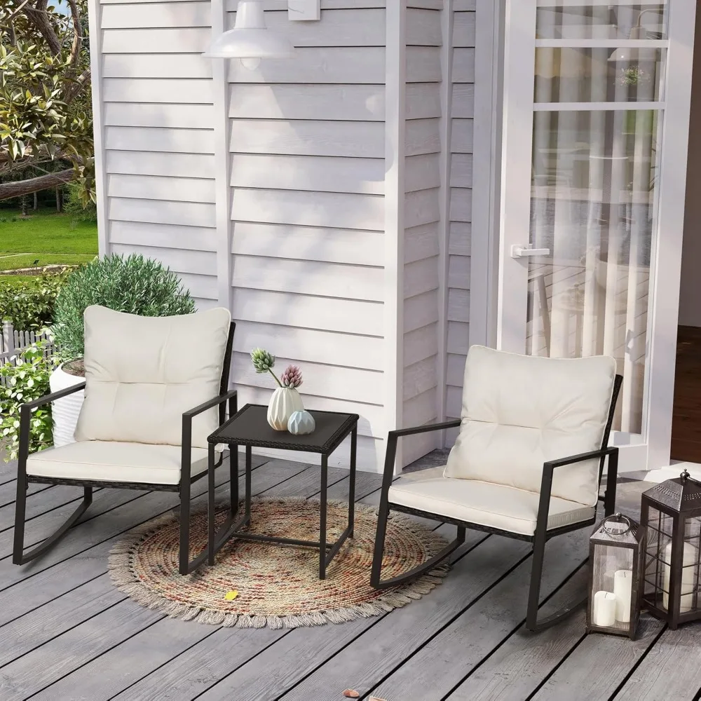 3 Piece Outdoor Bistro Set with Rocking Chairs and Glass Top Table, Beige Wicker
