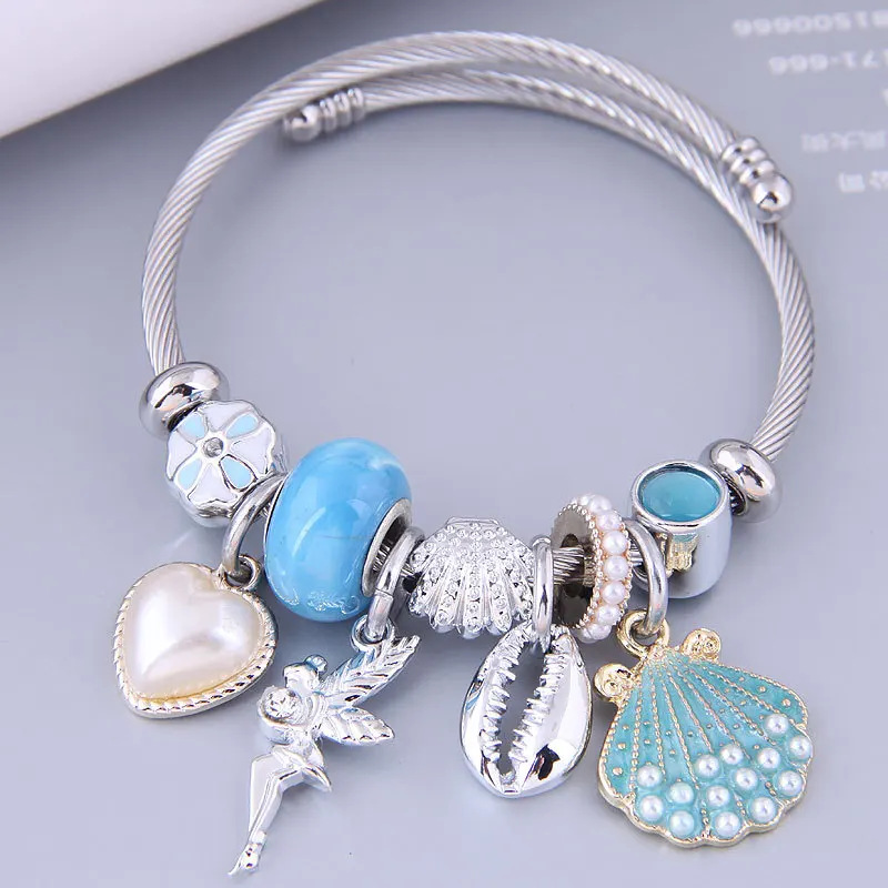 New Exquisite Stainless Steel Bracelet Fashion DIY Hand Beaded Love Angel Shell Pearl Charm Bangles Jewelry Gift for Women Girls