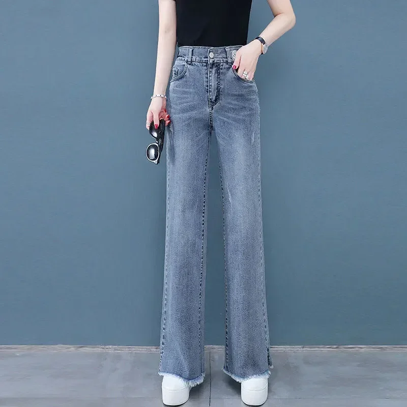 Celana Jeans Wanita Musim Semi Gugur Model Korea Terbaru, Kaki Lebar, Pinggang Tinggi, Potongan Lurus, Warna Khaki, untuk Remaja Putri