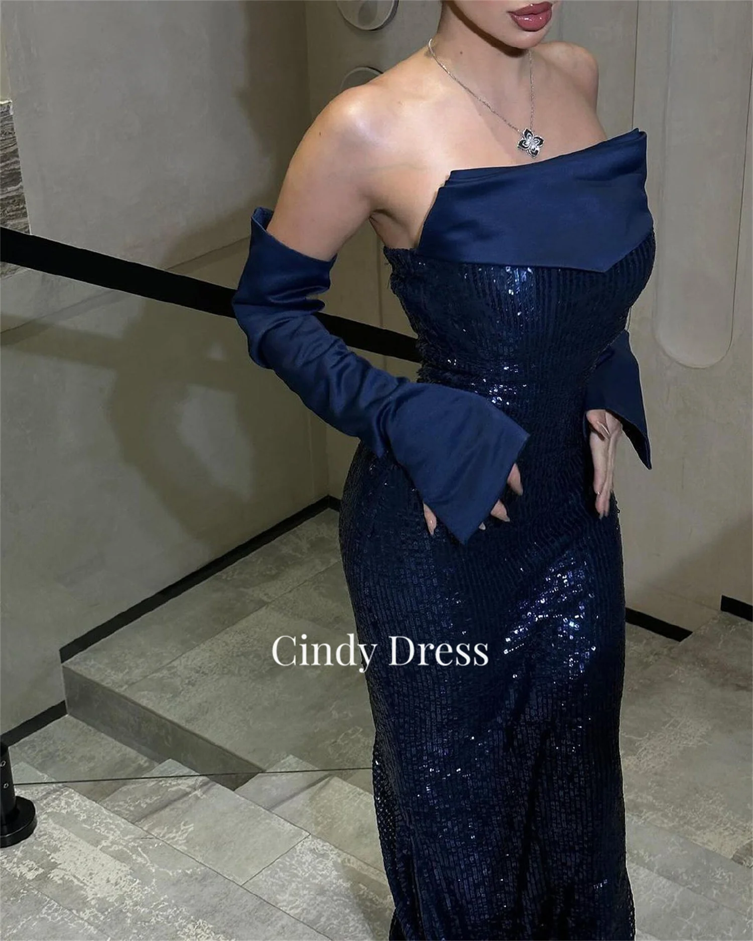 Cindy Customized Sequins Navy Blue Mermaid Luxury Party Dresses for Special Occasions Evening Elegant Woman Gala Prom 2024 Women