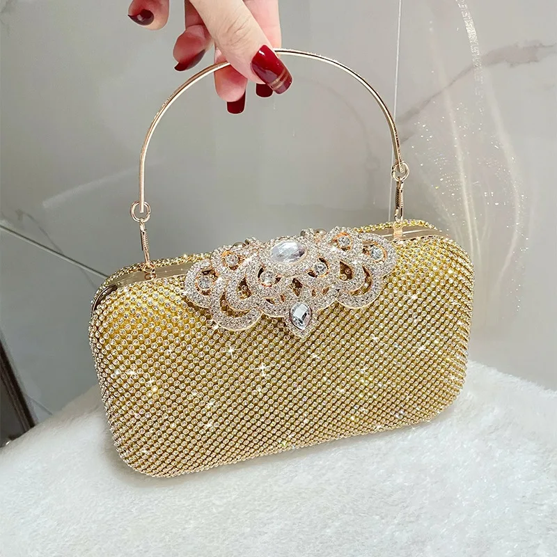 Luxury Rhinestone Flower Clutch Handbag Crystal Crown Clasp Women Evening Purse with Top Handle Wedding Bridal Party Diamond Bag