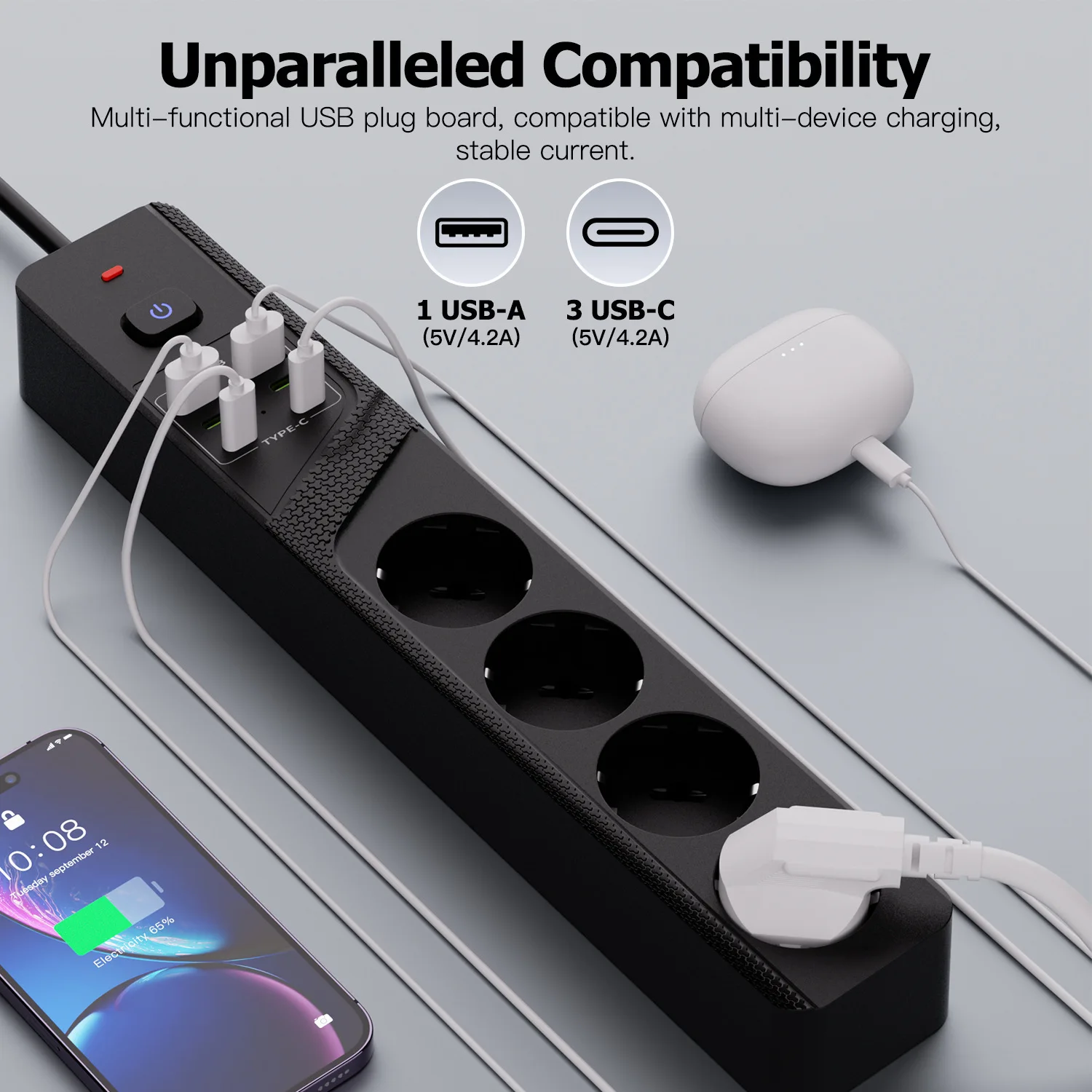 EU Plug USB 3000W Power Socket Plug Overload Protection Extension Cable 4 Universal Plugs  4 USB 2 Type C Ports High-Power Strip