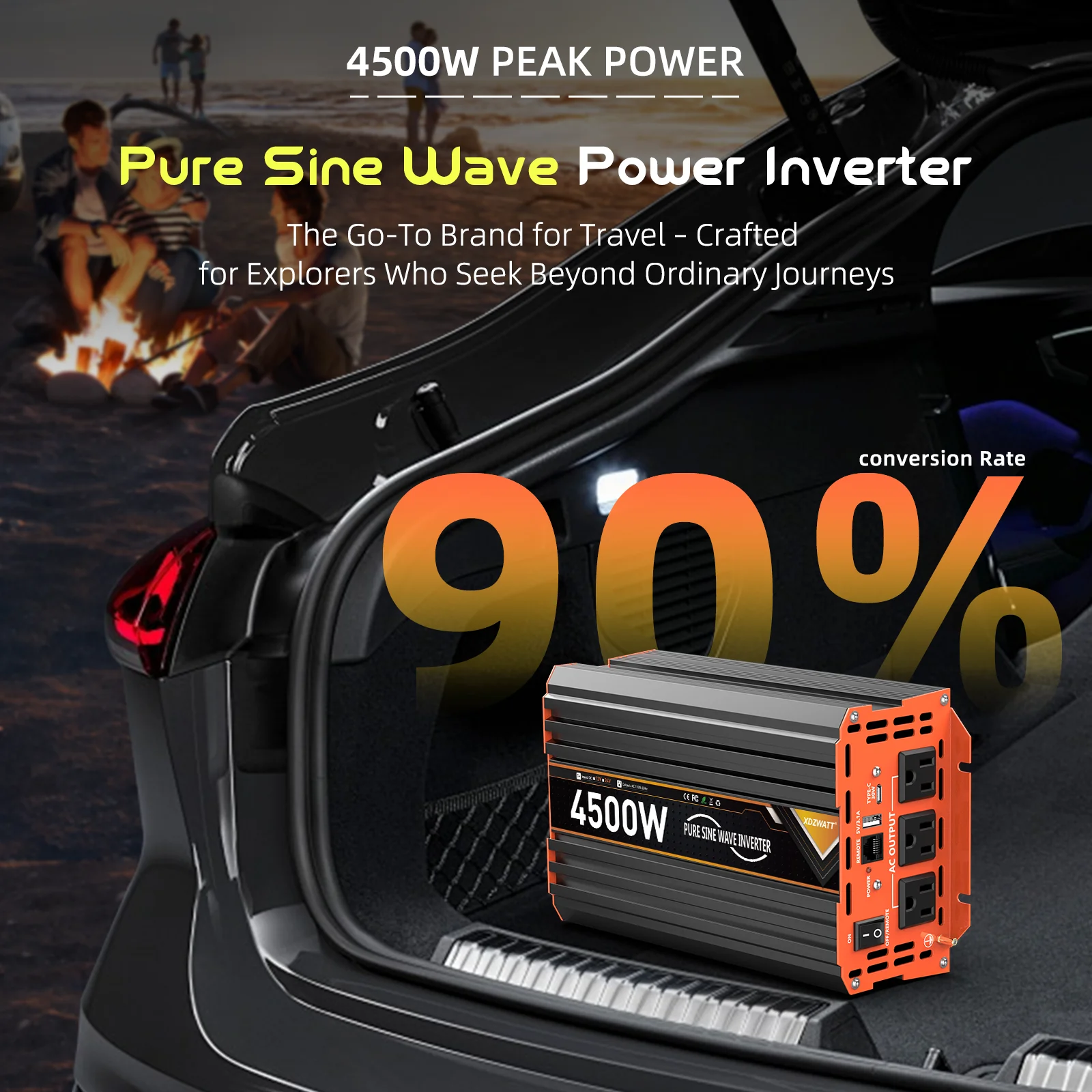 1500 واط 4500 واط الذروة عاكس الطاقة موجة جيبية نقية مع جهاز التحكم عن بعد شاشة الكريستال السائل USB نوع-C حماية متعددة للتخييم RV