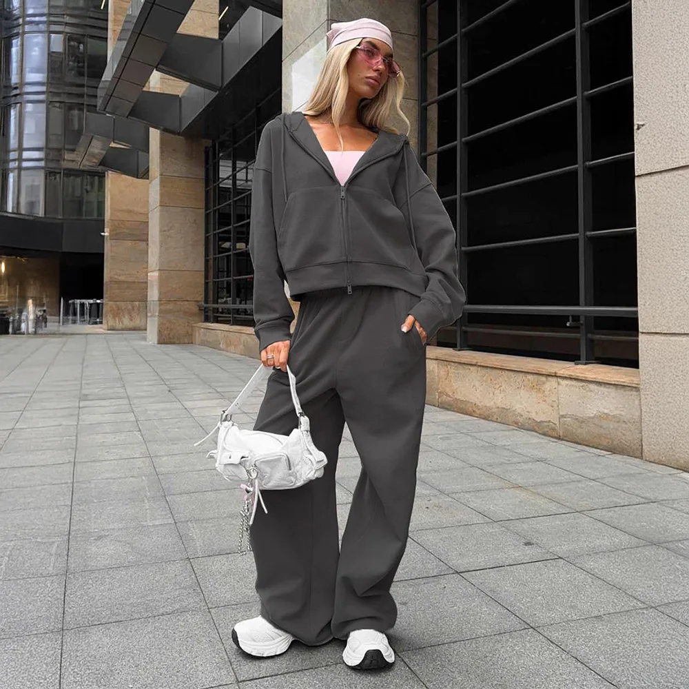 Zíper cardigan moletom conjunto feminino 2025 outono e inverno novo moletom de manga longa e calças de perna larga conjunto feminino