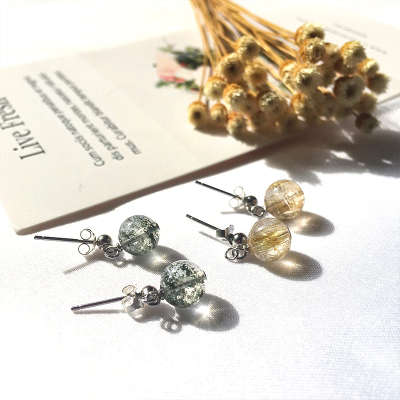 

Natural Stone Stud Earrings Gold Rutilated Quartz /Green Phantom Quartz Crystal Sterling Silver Fashion Jewlry for Women Earring