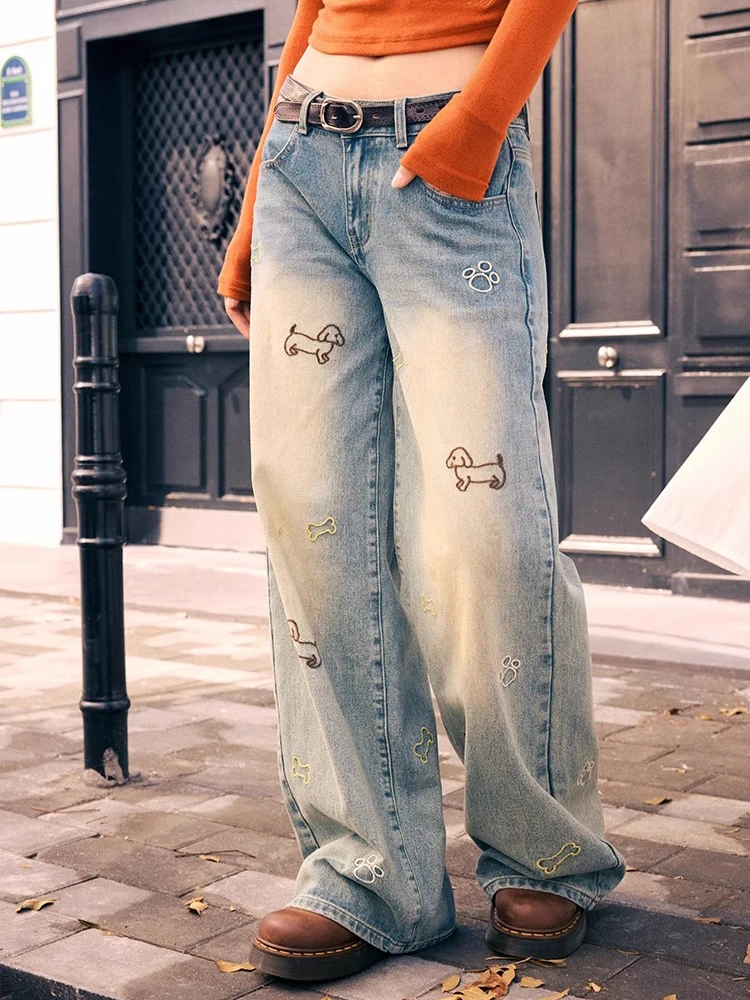 刺繍ストレートジーンズ女性の夏のハイウエストデザインセンスカジュアルファッション気質スリムワイドレッグパンツ