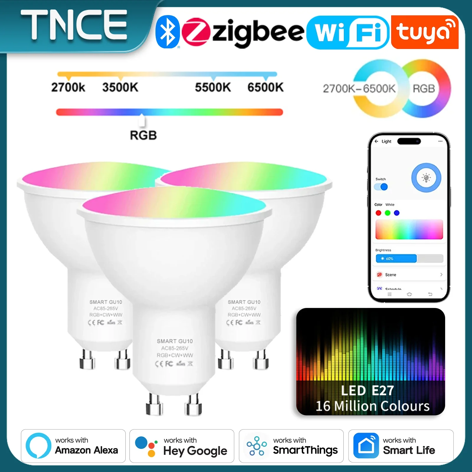 TNCE Tuya GU10 WIFI Zigbee Bluetooth LED Bulb, RGB C+W Warm cool Dimmable Lamp, Smart Life APP, spot Light Downlight alexa Voice