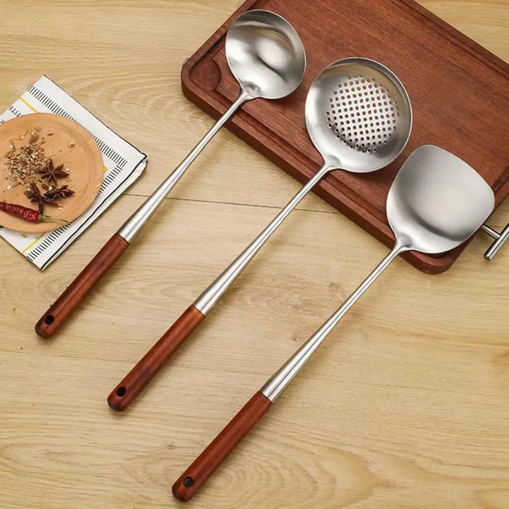 Stainless Steel Ladle Strainer Scoop with Wooden Handle Frying Skimmer Kitchen Spatula Cooking Utensil for Noodles Pasta Vegetab