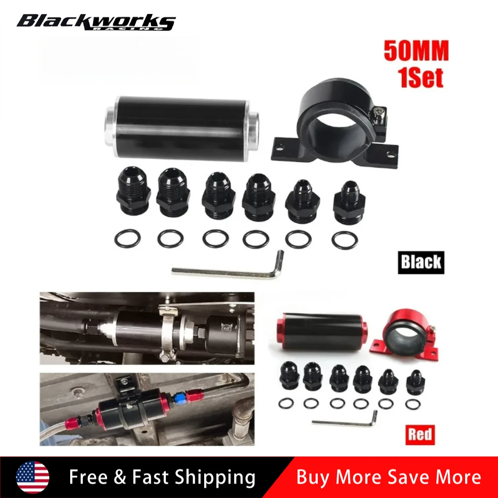 

50MM Universal Aluminum Fuel Filter with AN6 AN8 AN10 Adapters & Mounting Bracket & Wrench Cleanable Easy Install