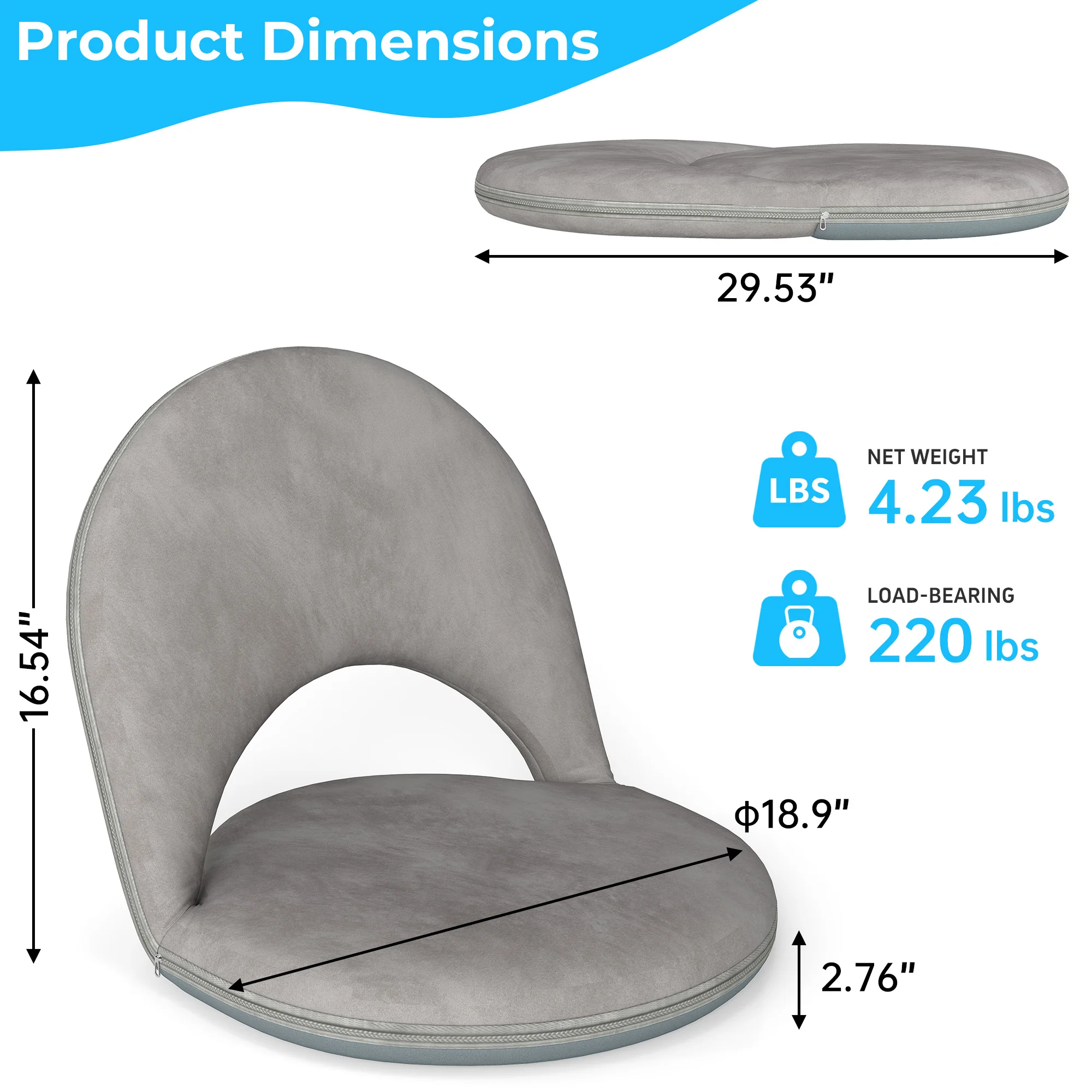 5-Position Foldable Floor Chair for Kids with Adjustable Back Soft Sponge Velvetean Cover Indoor Outdoor Use for Adults And Kids Meditation Gaming Camping