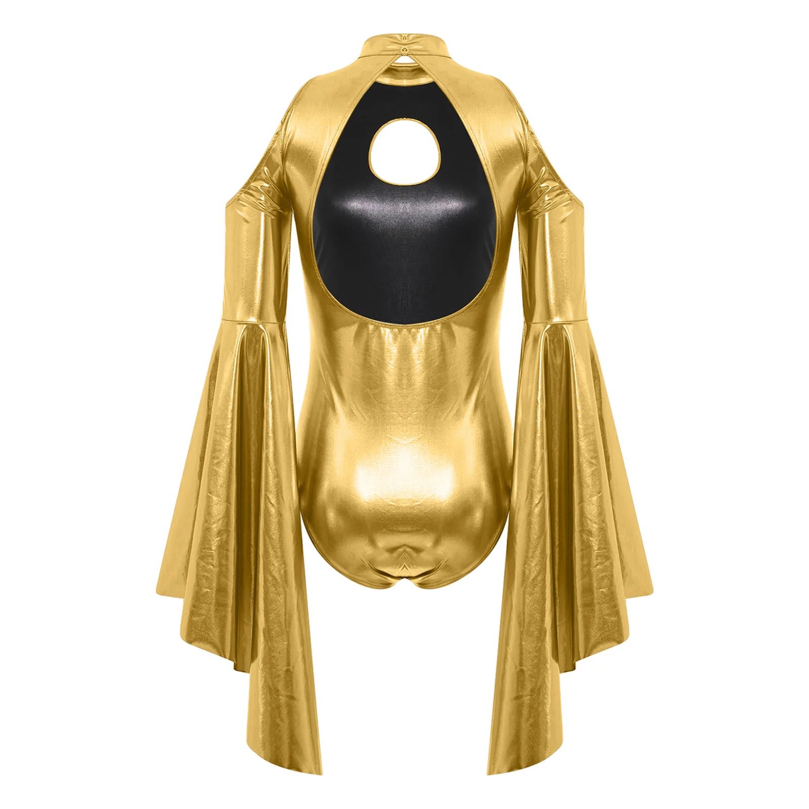 Women Metallic Shiny Cold Shoulder Bodysuit Mock Neck Catsuit Clubwear Rave Outfit Flared Sleeve Leotard Jumpsuits Party Dresses