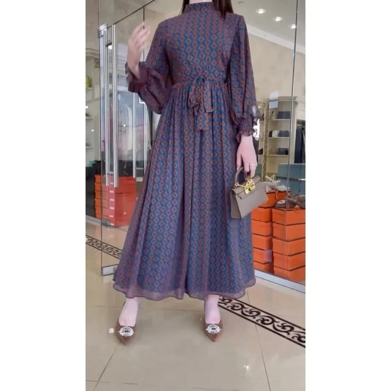 

Women's Long Dress, Fashionable Mesh, High-end Temperament, Waist Cinching, Lace Up, Geometric Pattern, Summer New Style
