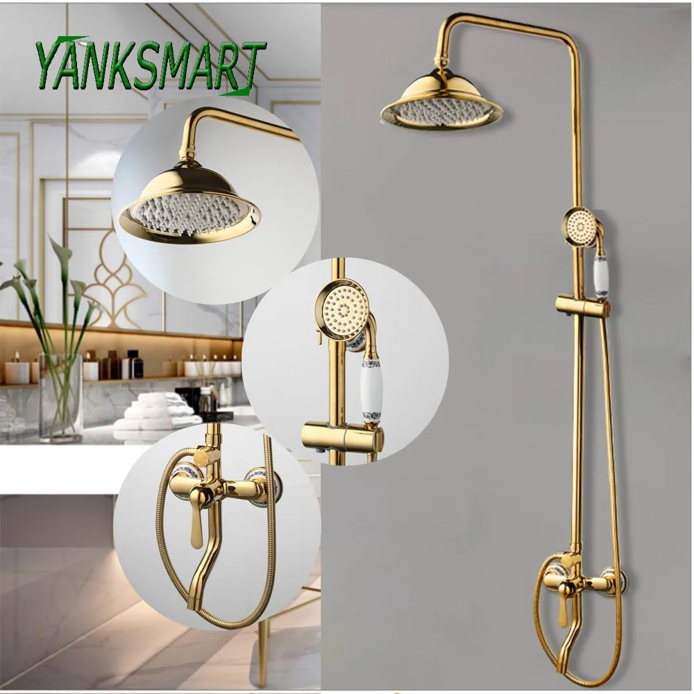 YANKSMART Gold Polished Bathroom Shower System Faucet Set Wall Mounted 3 Functions Rainfall Round Showers Head Mixer Water Tap