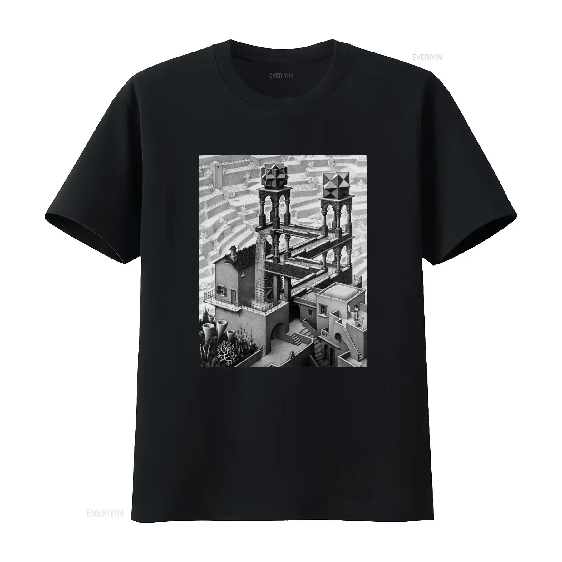 Waterfall Visual Paradox Penrose Triangle Art Inspired MC Escher Adult T Shirt vintage Washed Stylish Stretched Versatile