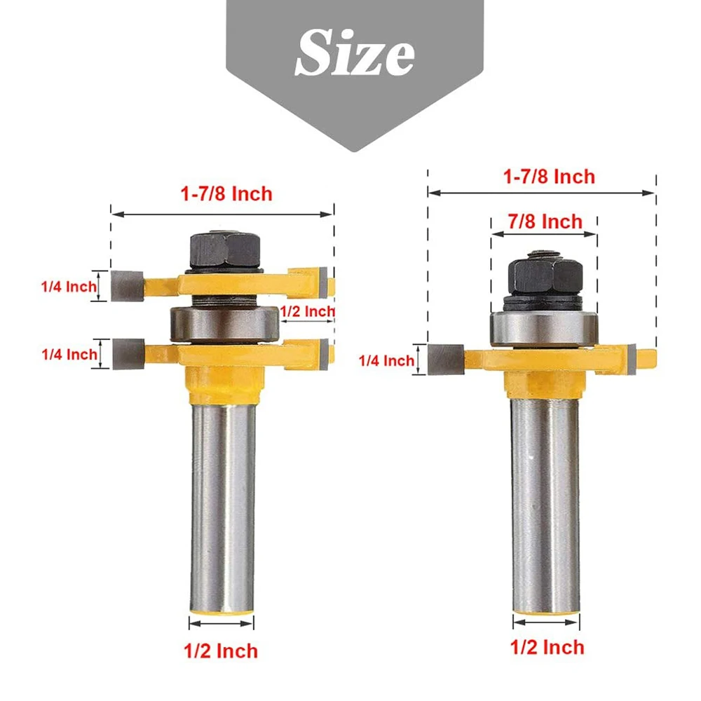 1/2 Inch Shank Matched Tongue Groove Router Bits Set 3 Teeth T Shape Grooving Cutter Woodworking Milling Cutting Tool