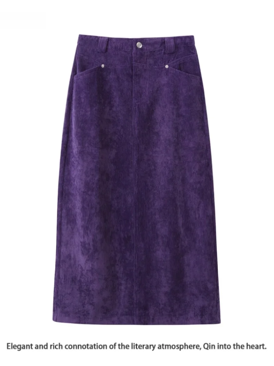 Elegant Purple Velvet Half Skirt Women's Autumn Winter High Waist Drapey A-Line Long Skirt Commute Style Pure Color Cotton