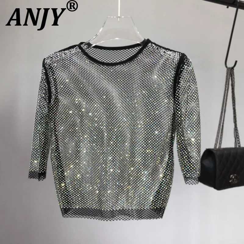

ANJY Summer New Women's Tide Chic High Street Net Shiny Diamonds Tops Stylish Ins Fashion Casual O-neck Hollow Out T-Shirt A7742