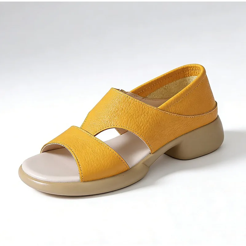 Echtes Leder Damen Sandalen Sommer Freizeitschuhe Flach Weich Komfortabel Mutterschuhe Gelb Schwarz Übergröße 41 D879