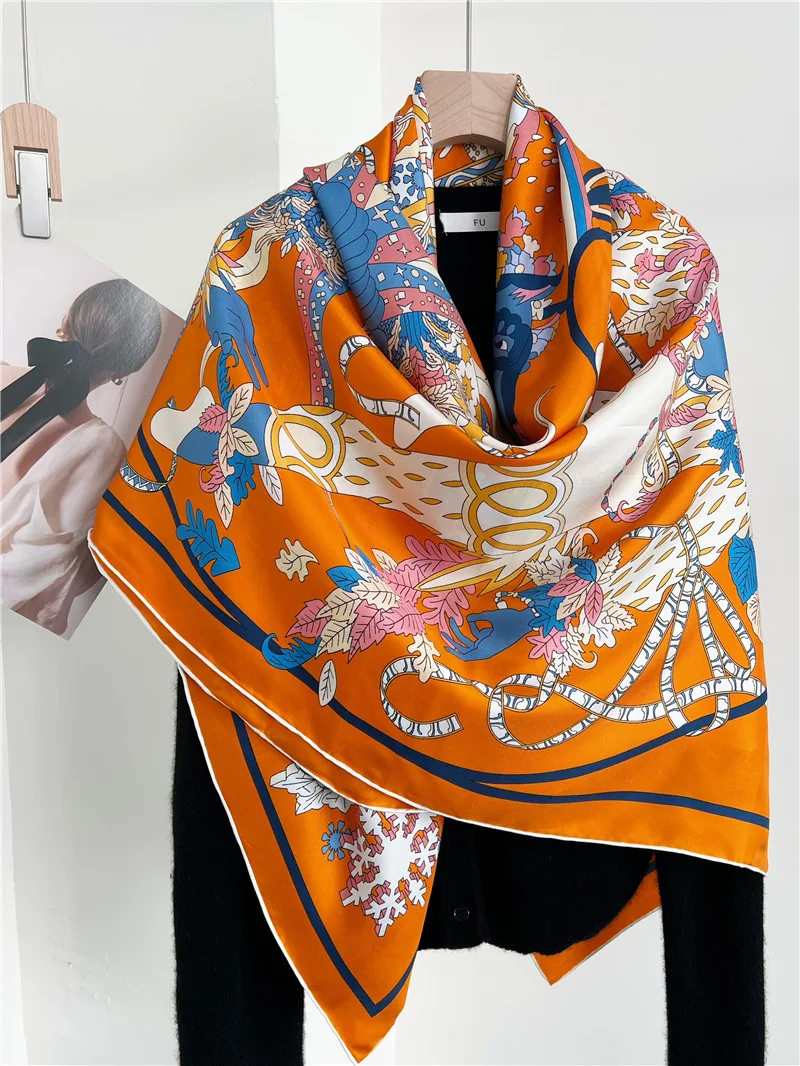 Orange Mulberry Silk Scarf Luxury Designer Large Shawls Stole Hand Rolled Edges Mother Lover Gift Summer Scarves 135CM