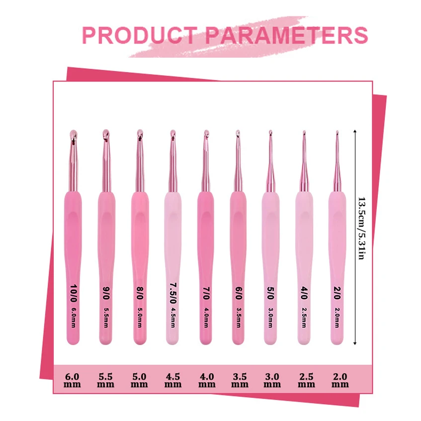 9 قطعة/المجموعة 2.0 مللي متر-6 مللي متر الوردي التدرج الألومنيوم الكروشيه السنانير مريح لينة مقبض الكروشيه مع حالة الكروشيه عدة للمبتدئين