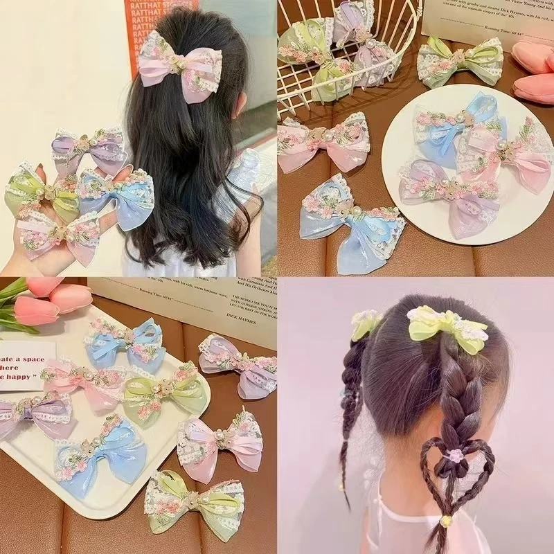 Lazos para el pelo de 2 piezas para niños, pinzas para el pelo con bordado Floral de flores, perlas, accesorios para el cabello