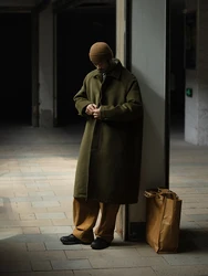 Retro Japanese Style Long Woolen Coat for Men Green Over-Knee Flip-Collar Jacket Youthful Vitality Style Winter Fashion