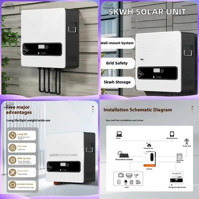 5kWh All in One Solar Lithium Battery Wall Mounted Home Energy Storage System Photovoltaic Power Station Off Grid Inverter