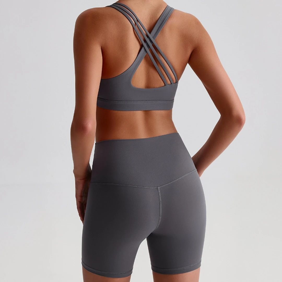 Dámská sportovní souprava na jógu s dlouhým rukávem, krátké legíny s kříženým ramenním popruhem, sportovní podprsenka, tepláková souprava, komplexní trénink, atletika - náhled 6