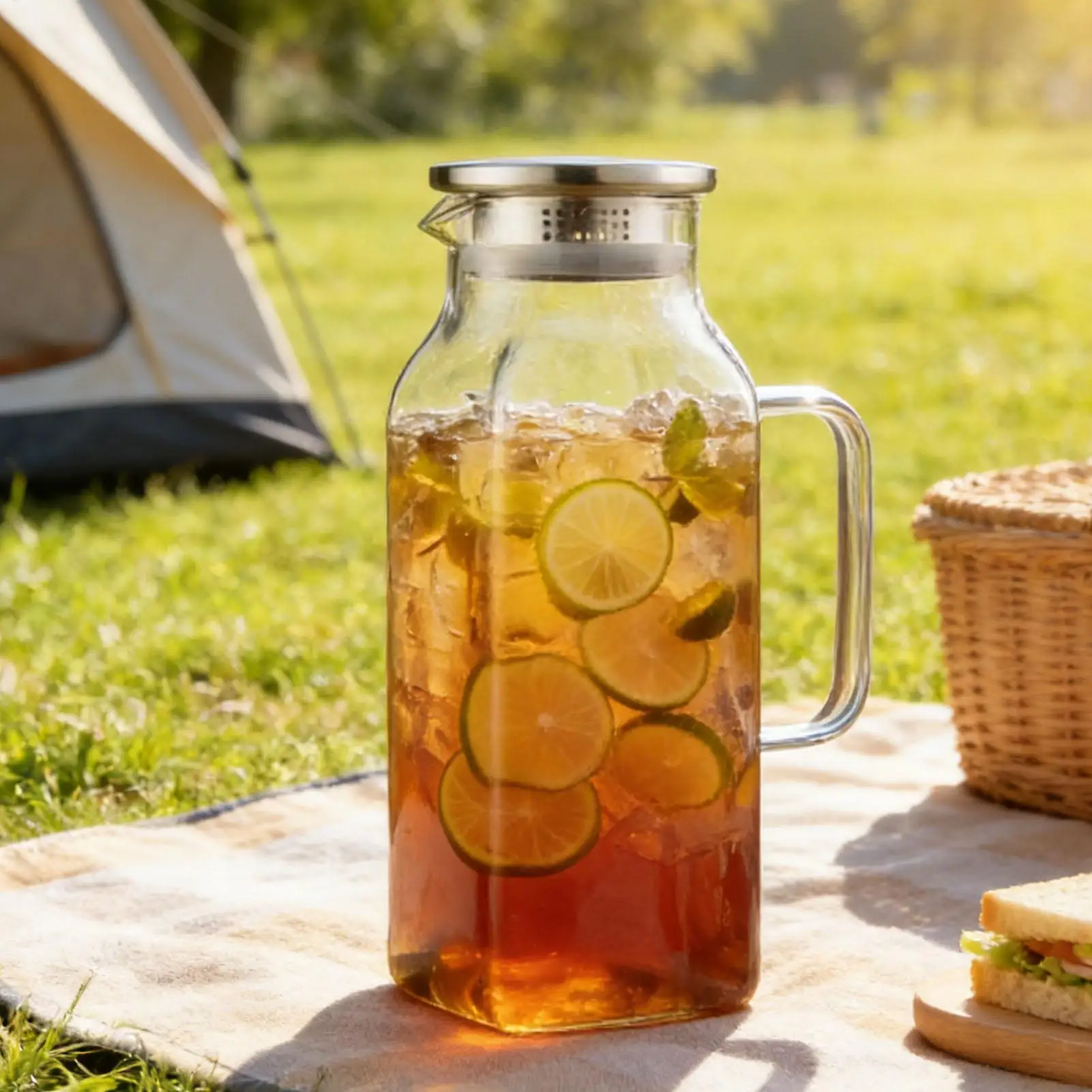 Large Capacity 2L Cold Drinks Jug with Handle and Lid Glass Pitcher for Tea Coffee Juice Milk Lemonade Glass Pitcher
