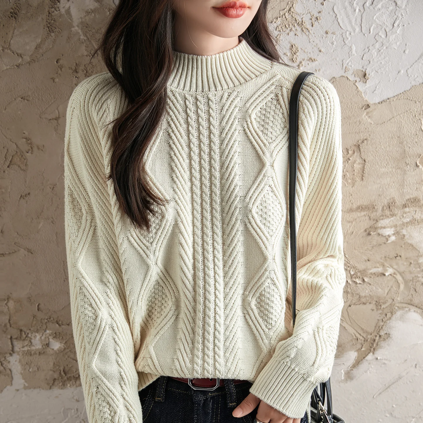 

Autumn and Winter New 100% Cotton Sweater Women's Casual Knitted Half High Collar Pullover Loose Hot Selling Women's Top