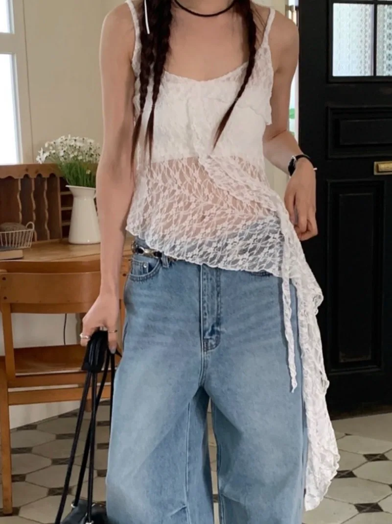 Chic Spitze Übergroßen Crop Top frauen Sommer Neue Sle Pure Desire Sexy Layered Weste Bluse Mid-Länge Svel oberbekleidung