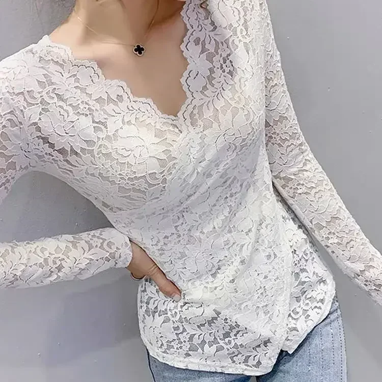 

Осень-зима, сексуальная женская одежда, кружевная рубашка с v-образным вырезом и длинным рукавом, женская блузка, женская Blusas Ropa De Mujer
