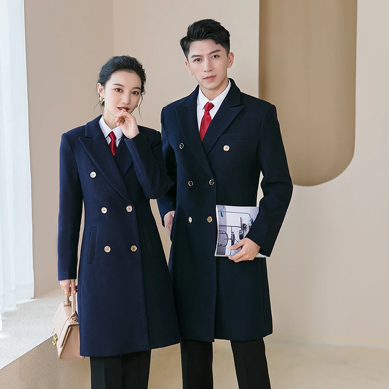 Double Breasted Black Blue Woolen Coat Women's Medium Length Welcoming Work Clothes Hotel Bank Front Desk Sales Uniform Man