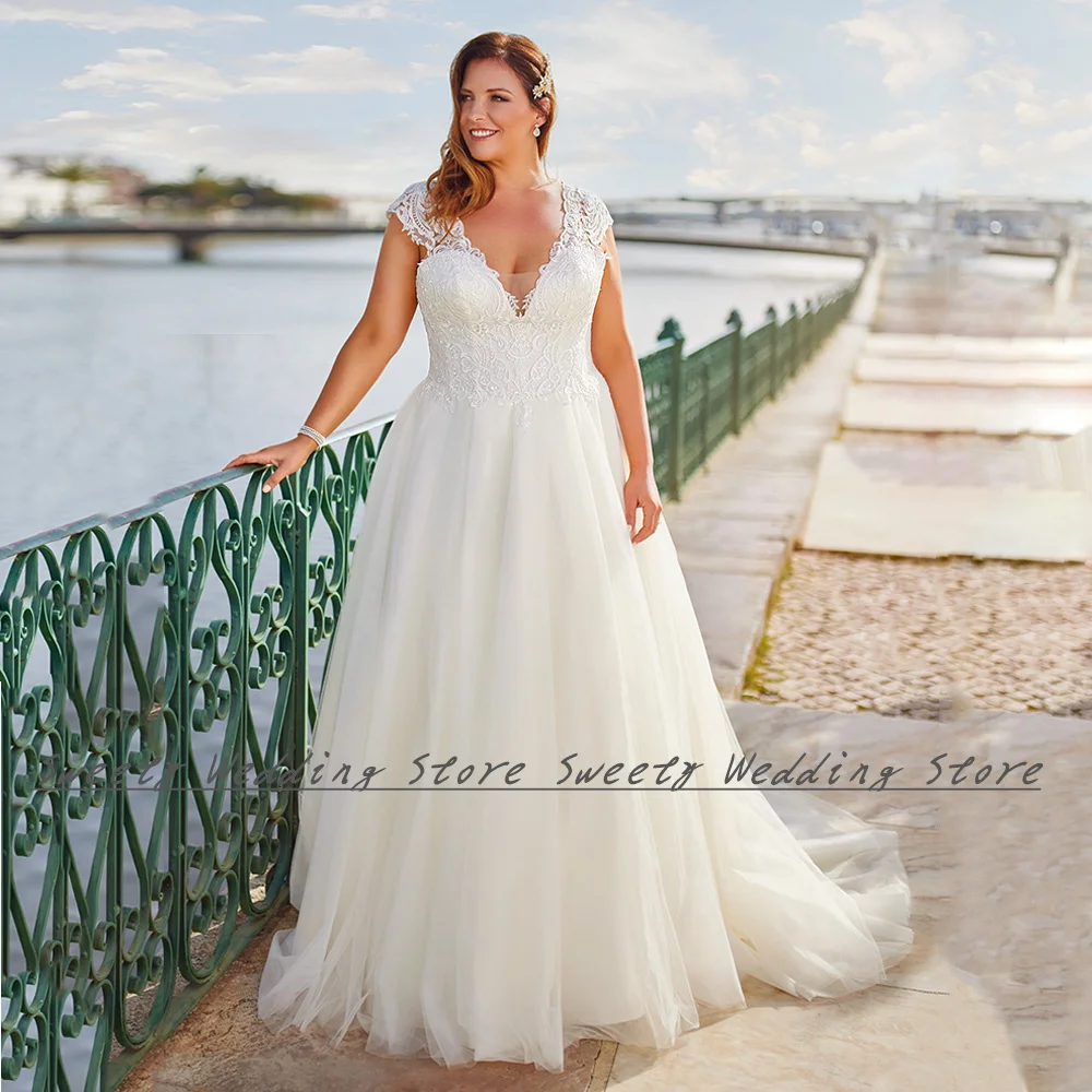 Soft Tulle Wedding Dresses A Line Stunning Cap Sleeve V Neck Sequined Applique Sweep Train Corset Bridal Gown Plus Size