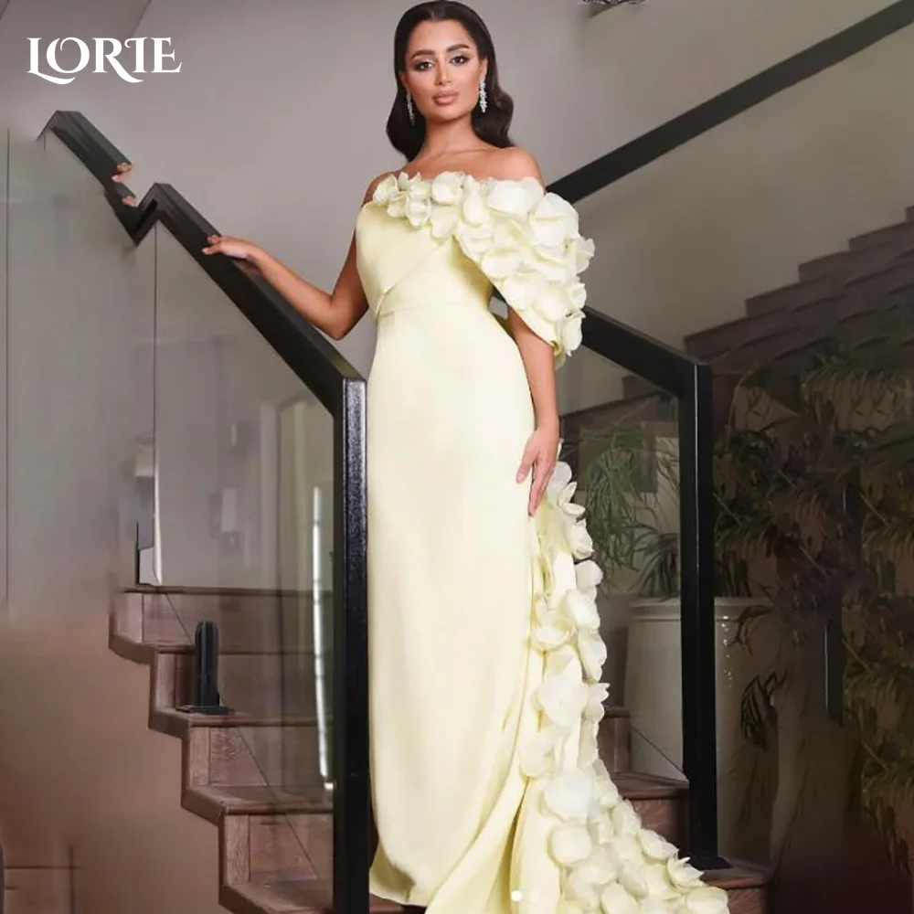 

LORIE Shiny Yale Yellow Mermaid Evening Dress 3D Flowers Princess Prom Dress One Shoulder Illsion Backless Ball Gowns Customized