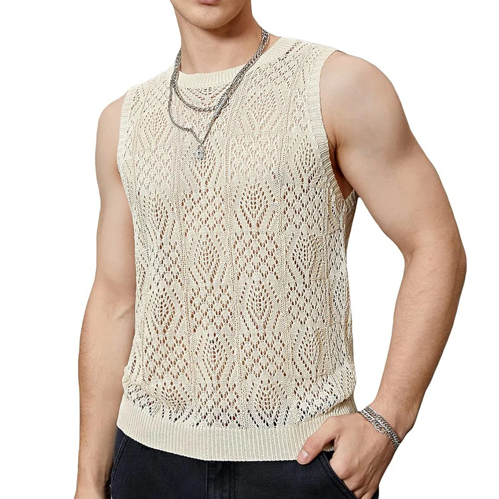 Streetwear Vest Thin Hollow Out Mesh Knitted Tanks Polyester S-2XL Summer Sleeveless Tank Top Fashion Brand New