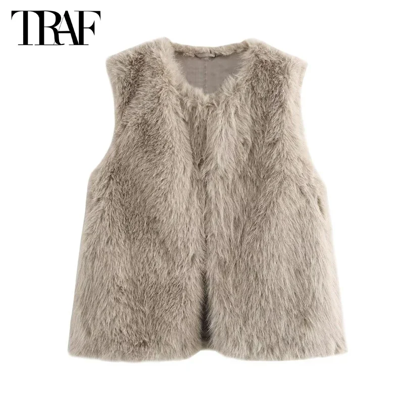 TRAF Faux Far Women's Vest Open Sleeveless Coat Women Winter Waistcoat Sleeveless Vests for Women Luxury Warm Women's Jackets