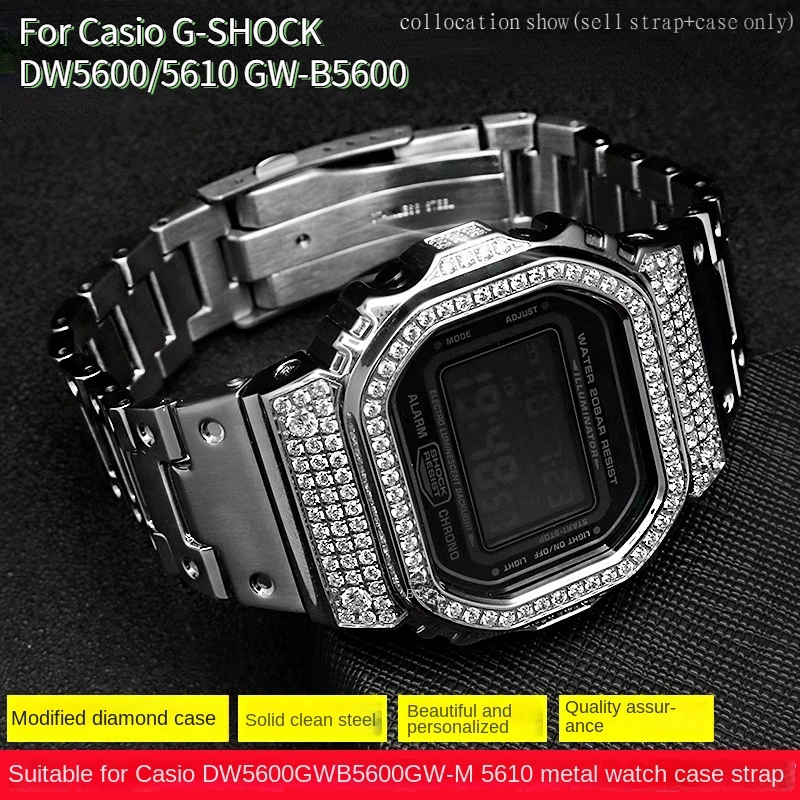 For CASIO DW-5600 GWM5610 GWB5600 DW5600 Diamond Inlaid Strap & Case Bezel Metal Band 316L Stainless Steel Bracelet Free tools