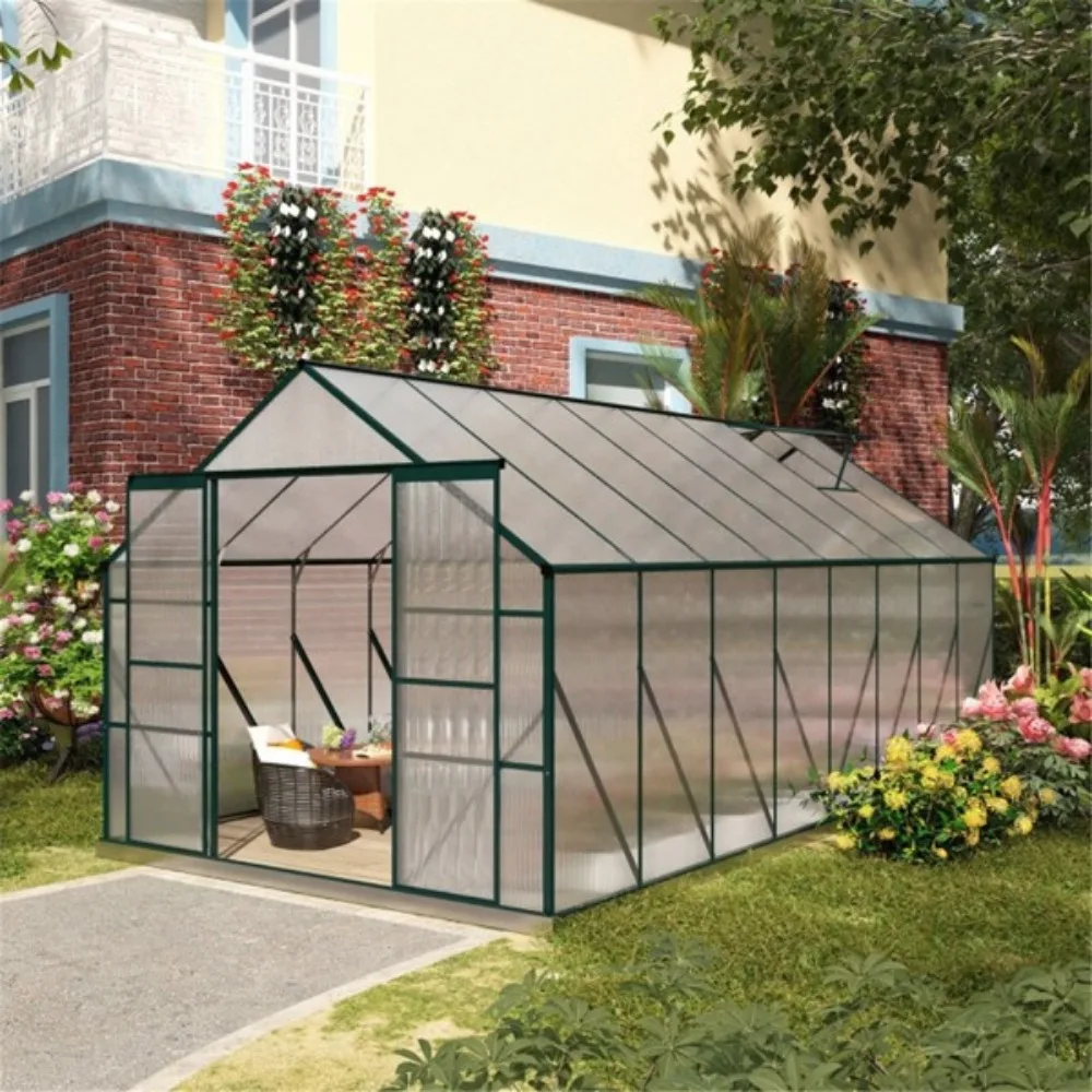 

8'x16' Aluminum-Framed Polycarbonate Greenhouse, Polycarbonate Greenhouse with Quick Setup Structure and Roof Vent, Greenhouses