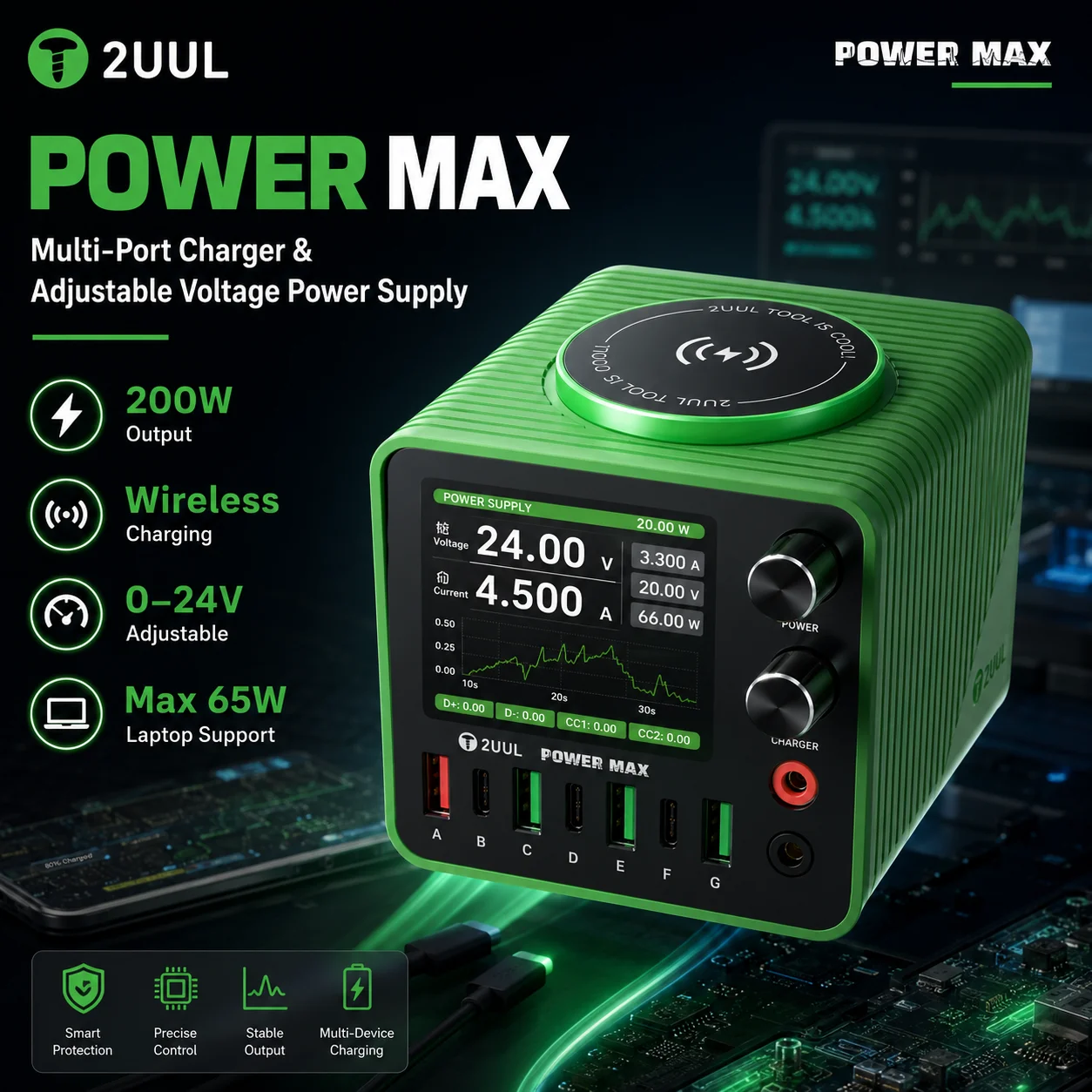 2uul-pc01-power-max-200w-caricatore-multi-porta-con-tensione-regolabile-0-24v-e-ricarica-wireless-per-stazione-di-riparazione-telefoni