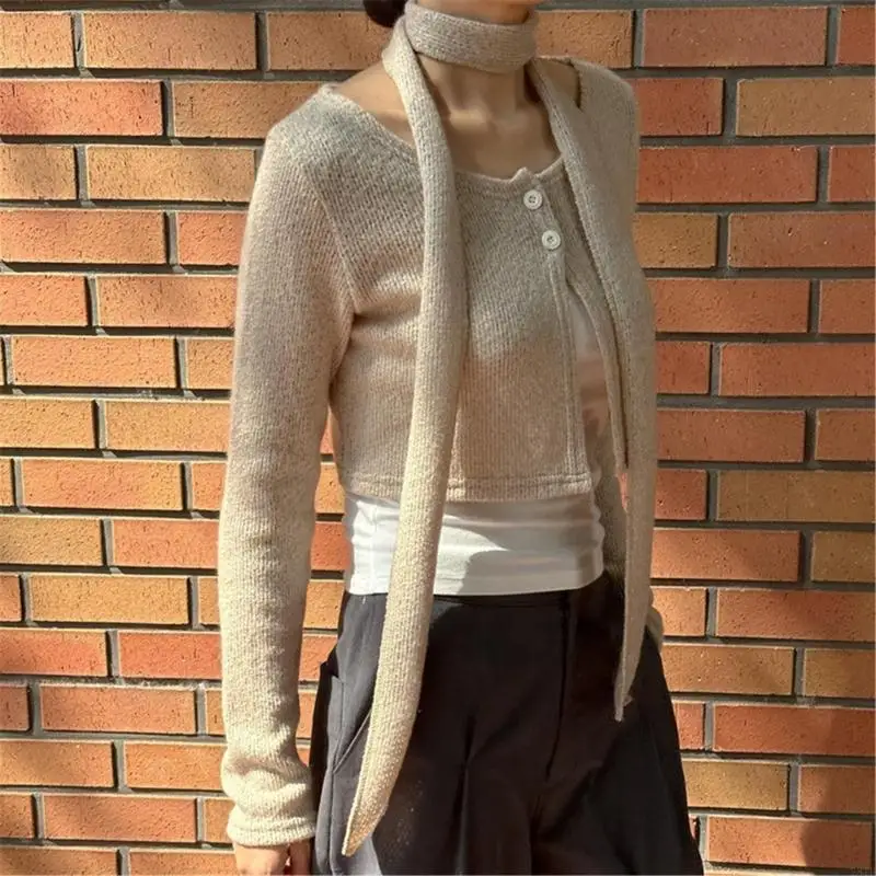 2025 New Women Fall 3 Pieces Sweater Long Sleeve Cropped Cardigan with Cami Top and Scarf